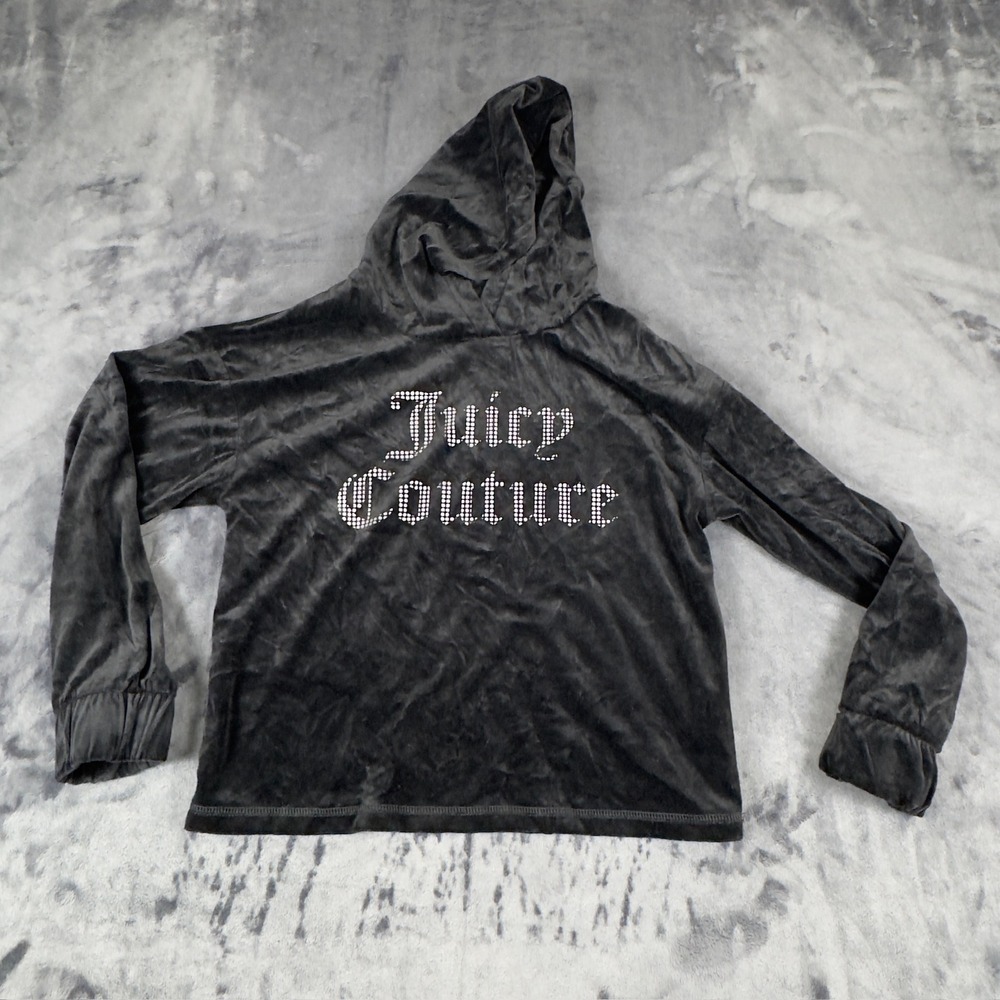 Juicy Couture Hoodie Kids Medium 8-10 Grey Velour Rhinestone Logo Pullover
